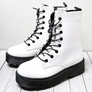 New White Lace Up Platform Combat Boots